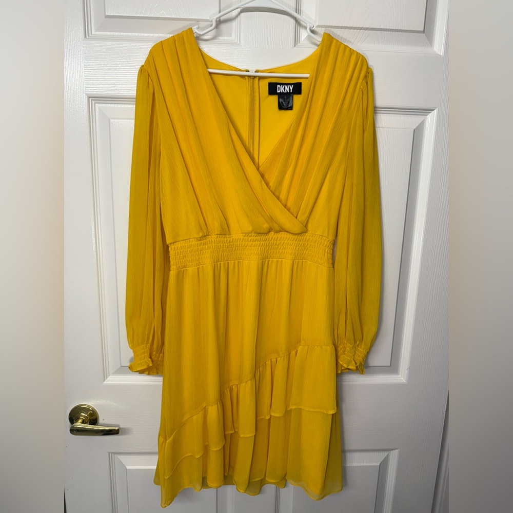 DKNY Yellow Wrap Tiered Long Sleeve Dress